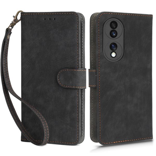 For Honor 70 5G RFID Blocking PU Leather Wallet Phone Case Folding Stand Cover with Hand Strap For Discount